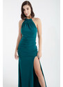 Lafaba Women's Emerald Green Halter Neck Chain Long Evening Dress