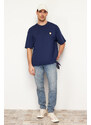 Trendyol Navy Blue Oversize/Wide-Fit Short Sleeve Embroidered 100% Cotton T-Shirt