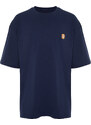 Trendyol Navy Blue Oversize/Wide-Fit Short Sleeve Embroidered 100% Cotton T-Shirt