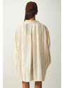 Happiness İstanbul Women's Cream Striped Oversize Linen Viscose Shirt