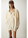 Happiness İstanbul Women's Cream Striped Oversize Linen Viscose Shirt