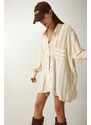 Happiness İstanbul Women's Cream Striped Oversize Linen Viscose Shirt