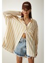 Happiness İstanbul Women's Cream Striped Oversize Linen Viscose Shirt