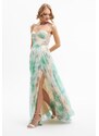 Carmen Emerald Printed Slit Long Evening Dress