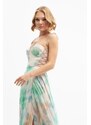 Carmen Emerald Printed Slit Long Evening Dress