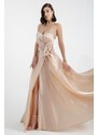 Lafaba Women's Beige Strapless Slit Long Evening Dress