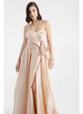 Lafaba Women's Beige Strapless Slit Long Evening Dress