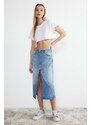 Trendyol Blue Front Zipper High Waist Midi Denim Skirt