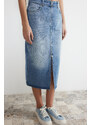 Trendyol Blue Front Zipper High Waist Midi Denim Skirt