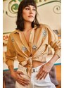 Olalook Women's Camel Woven Boyfriend Shirt with Sequin Detail