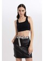 DEFACTO Coool A Cut Faux Leather Mini Knitted Skirt