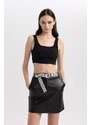 DEFACTO Coool A Cut Faux Leather Mini Knitted Skirt