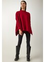 Happiness İstanbul Women's Red Stand-Up Collar Slit Knitwear Poncho Sweater