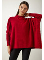 Happiness İstanbul Women's Red Stand-Up Collar Slit Knitwear Poncho Sweater