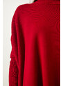 Happiness İstanbul Women's Red Stand-Up Collar Slit Knitwear Poncho Sweater