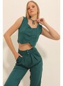 Trend Alaçatı Stili Women's Walnut Green Sweetheart Collar Buttoned Crop Vest