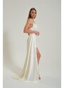 Carmen Ecru Evening Dress in Satin with a Slit