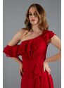 Carmen Red Chiffon Ruffled Shoulder Slit Evening Dress