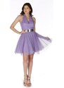 Carmen Lilac Stone Tulle Belted Short Evening Dress