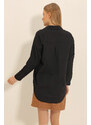 Trend Alaçatı Stili Women's Black Motif Oversize Linen Shirt
