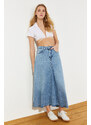 Trendyol Blue Flounce Stitch Detail High Waist Maxi Denim Skirt