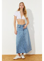 Trendyol Blue Flounce Stitch Detail High Waist Maxi Denim Skirt