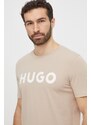 Bavlněné tričko HUGO béžová barva, s potiskem