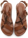 Marjin Women's Genuine Leather Accessories, Eva Sole, Criss-Cross Thread Detail Daily Sandals, Multilayered Tan.