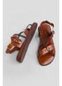Marjin Women's Genuine Leather Accessories, Eva Sole, Criss-Cross Thread Detail Daily Sandals, Multilayered Tan.