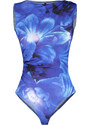 Trendyol Blue Floral Pattern Gathered Detailed Boat Neck Flexible Snaps Knitted Body