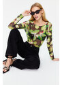 Trendyol Green Printed Tulle Snap-On Transparent Knitted Bodysuit