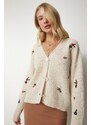 Happiness İstanbul Women's Cream Floral Embroidery Buttons Knitwear Cardigan