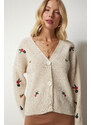 Happiness İstanbul Women's Cream Floral Embroidery Buttons Knitwear Cardigan