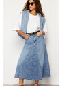 Trendyol Blue Flounce Stitch Detail High Waist Maxi Denim Skirt