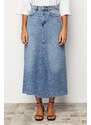 Trendyol Blue Flounce Stitch Detail High Waist Maxi Denim Skirt