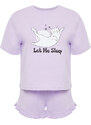 Trendyol Lilac 100% Cotton Animal Print Ruffle Detail Knitted Pajamas Set