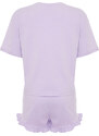 Trendyol Lilac 100% Cotton Animal Print Ruffle Detail Knitted Pajamas Set