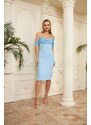 Carmen Blue Crepe Pearl Embroidered Midi Engagement Dress