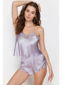 Trendyol Lilac Lace Detailed Satin Undershirt-Shorts Woven Pajamas Set