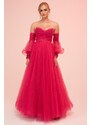 Carmen Fuchsia Tulle Low Sleeve Engagement Evening Dress