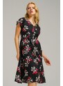 armonika Women's Black Patterned V-Neck Button Front Midi Length Dress