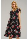 armonika Women's Black Patterned V-Neck Button Front Midi Length Dress