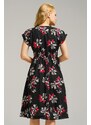 armonika Women's Black Patterned V-Neck Button Front Midi Length Dress