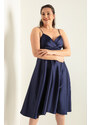 Lafaba Women's Navy Blue Rope Strap Waist Belted Satin Midi Plus Size Evening Dress