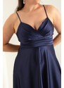 Lafaba Women's Navy Blue Rope Strap Waist Belted Satin Midi Plus Size Evening Dress