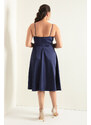 Lafaba Women's Navy Blue Rope Strap Waist Belted Satin Midi Plus Size Evening Dress