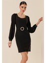 By Saygı Pleated Chiffon Pencil Dress With Sleeves and Lined Waist Belt Black