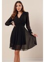 By Saygı Double Breasted Collar Waist And Sleeve Ends Guiped Lined Short Chiffon Dress