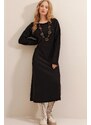 Trend Alaçatı Stili Women's Black Boat Neck Wool Effect Knitwear Dress