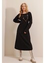 Trend Alaçatı Stili Women's Black Boat Neck Wool Effect Knitwear Dress